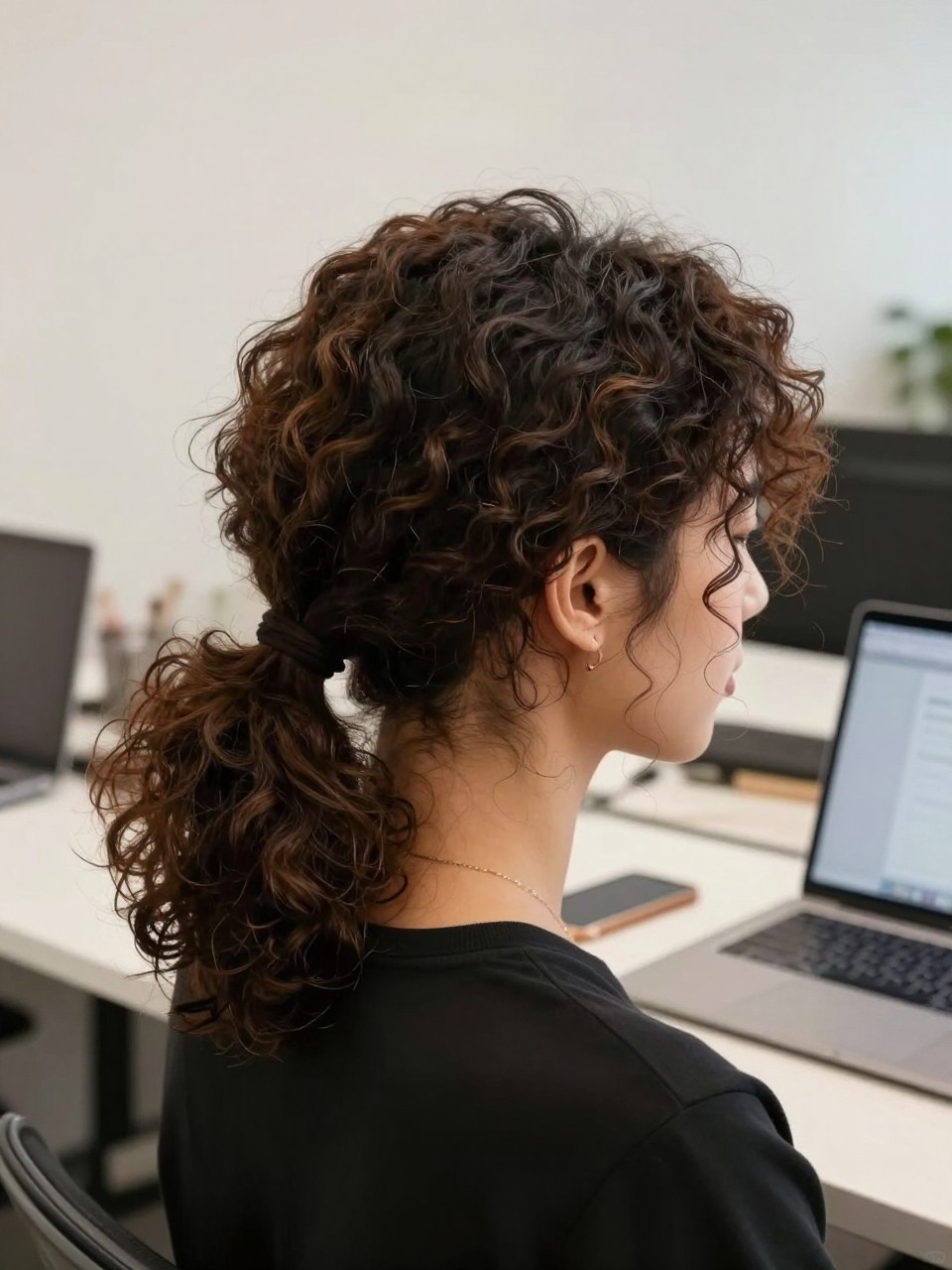 Photo of a woman with curly hair wearing a low side ponytail with volume at the crown, side profile view, setting is an office, lighting is soft indoor lighting, containing a laptop on a desk, iPhone photo quality.