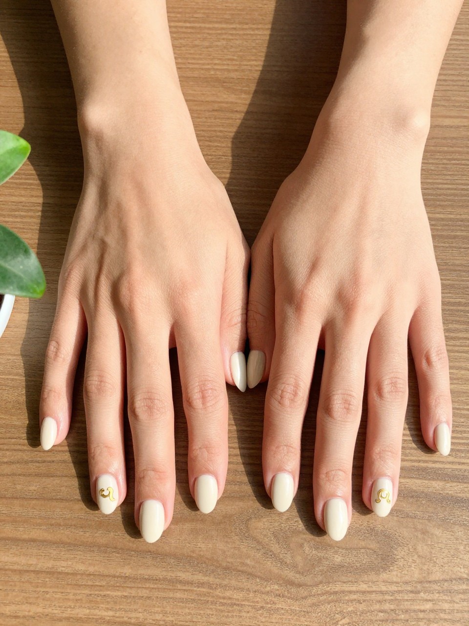 90-degree overhead top-down view of two feminine hands with oval medium nails.
The manicure features a soft cream base with a small gold horseshoe design on one accent nail.
Include glossy gel finish.

Hands are posed resting flat.

Scene set on a wooden table with a small plant nearby.

Bright natural daylight with soft shadows, hyper-realistic lifestyle photography, sharp focus on nails, natural skin texture, realistic hands, no extra fingers.