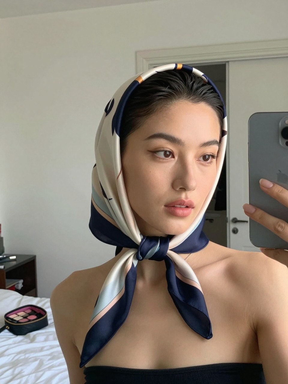 Photo of a woman wearing slicked back short hair with a silk scarf tied neatly around the head, candid mirror selfie, setting in a sun-drenched bedroom, lighting natural window light, containing a small lived-in detail such as a makeup bag nearby and a slightly open closet behind, latest iPhone photo quality.