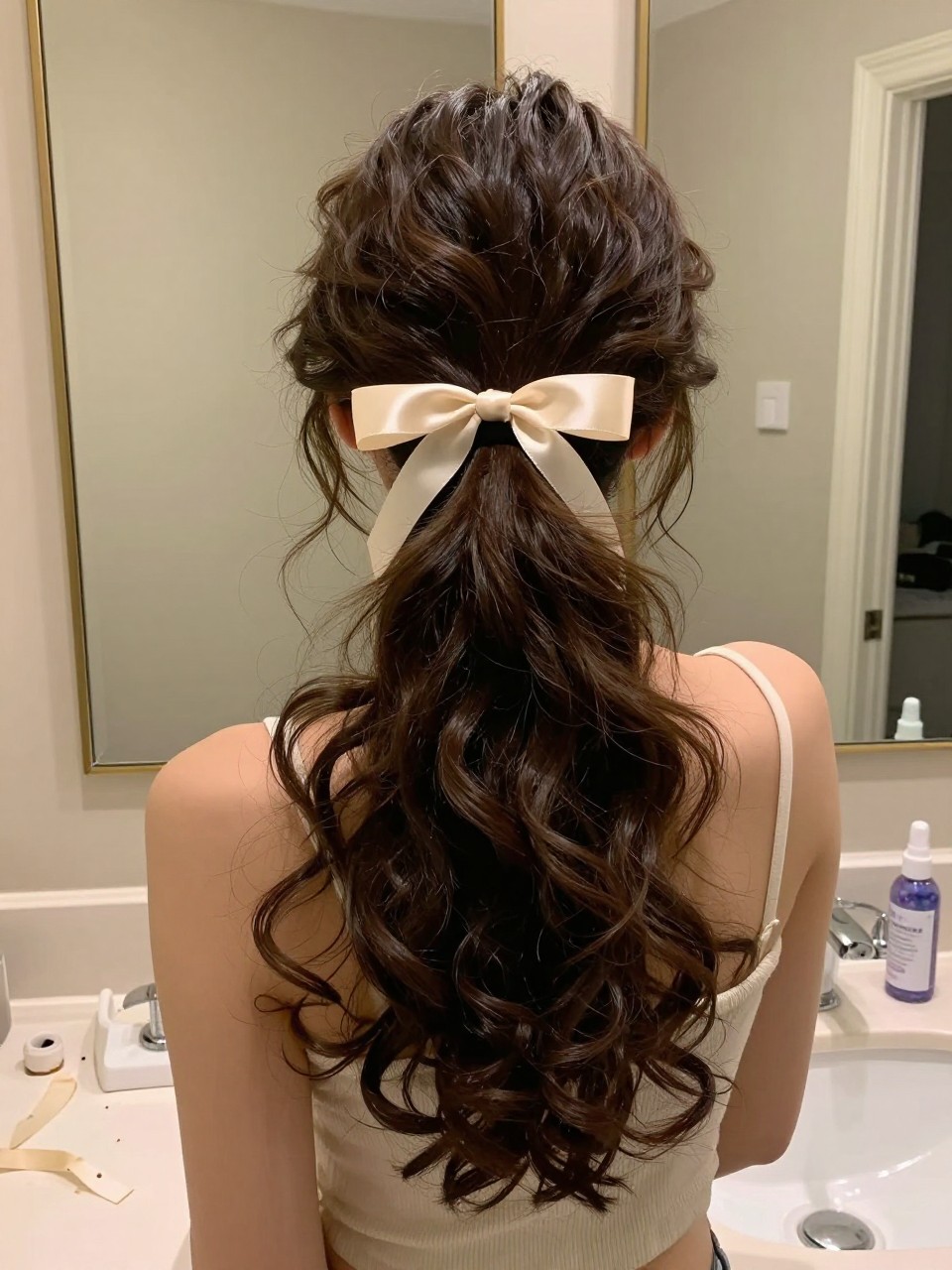 Photo of a woman wearing a curly low ponytail tied with a satin ribbon, back-of-head view to show the ribbon and curls, setting in a bathroom vanity mirror, lighting soft indoor lighting, containing a small lived-in detail such as a ribbon on the counter and a curl spray bottle nearby, latest iPhone photo quality.