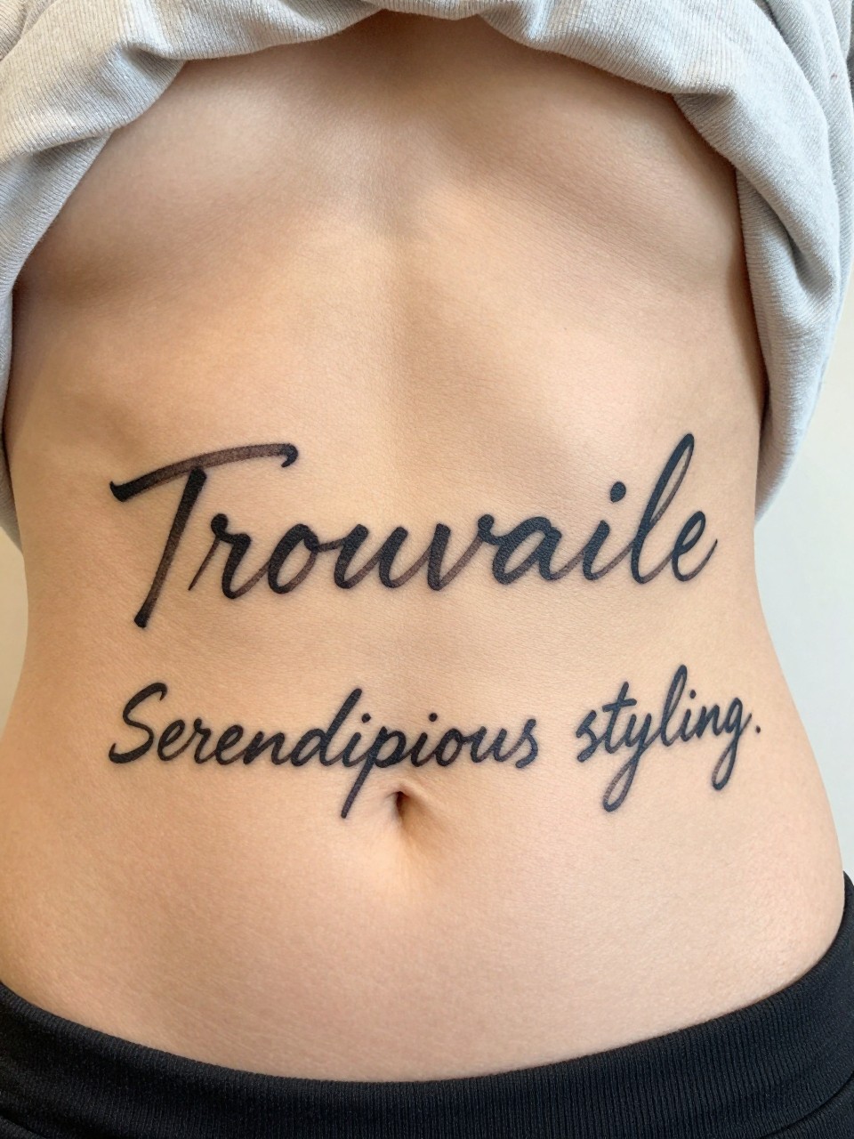  "Close-up of 'Trouvaille' in charming, irregular script on the hip, drawn in black ink on the skin. Serendipitous styling."