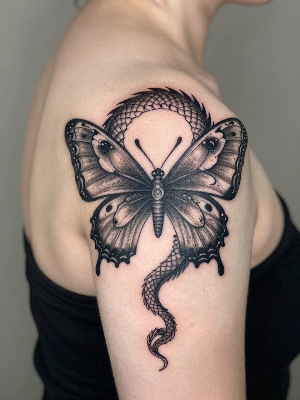 "Back of shoulder tattoo: a circular ouroboros dragon formed by the shape of a butterfly's wings. Intricate, blackwork, and perfectly self-contained."