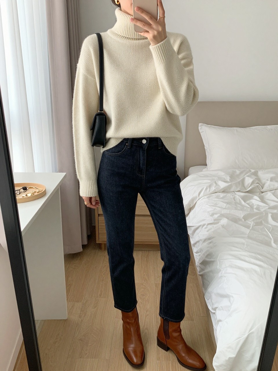 mirror selfie of a woman wearing the exact outfit described above, clearly showing a cream fine-knit turtleneck sweater, dark wash slim-straight denim jeans, chestnut brown leather ankle boots, a small black crossbody leather bag, and gold mini hoop earrings, holding a phone in front of a mirror, cropped at NECK so the face does not show, with a relaxed casual selfie pose, in a feminine-themed bedroom, natural window light, including jewelry tray on the vanity and soft pillows on an unmade bed, latest iPhone photo quality. (no watermarks on images)