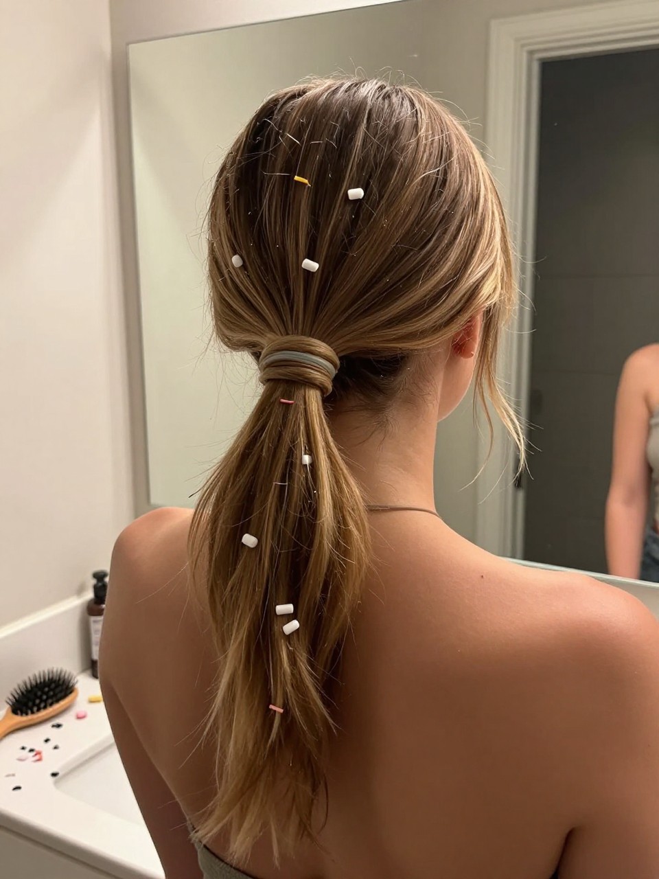 Photo of a white woman wearing a low bubble ponytail with multiple mini elastics, back-of-head view, setting in a bathroom vanity mirror, lighting soft indoor lighting, containing a small lived-in detail such as mini elastics scattered on the counter and a hairbrush nearby, latest iPhone photo quality.