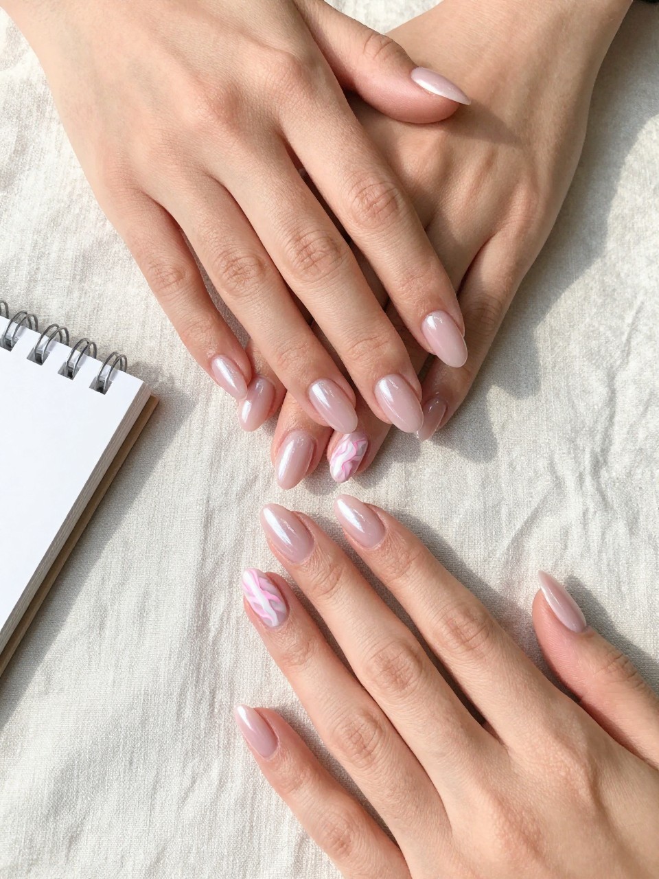 90-degree overhead top-down view of two feminine hands with almond medium nails.
The manicure features a milky pink chrome base with soft pastel pink swirl patterns on two accent nails.
Include glossy reflective chrome shine with a gel finish.

Hands are posed with fingers gently spread.

Scene set on a soft linen cloth with a small notebook nearby.

Bright natural daylight with soft shadows, hyper-realistic lifestyle photography, sharp focus on nails, natural skin texture, realistic hands, no extra fingers.