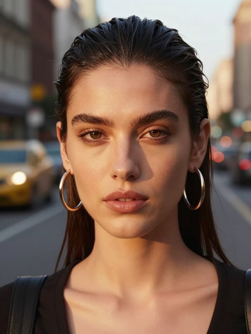 Photo of a woman wearing a deep part slick back, front-facing view showing the dramatic side part, setting is a blurred city street background with golden hour light, containing statement hoop earrings visible, iPhone photo quality.