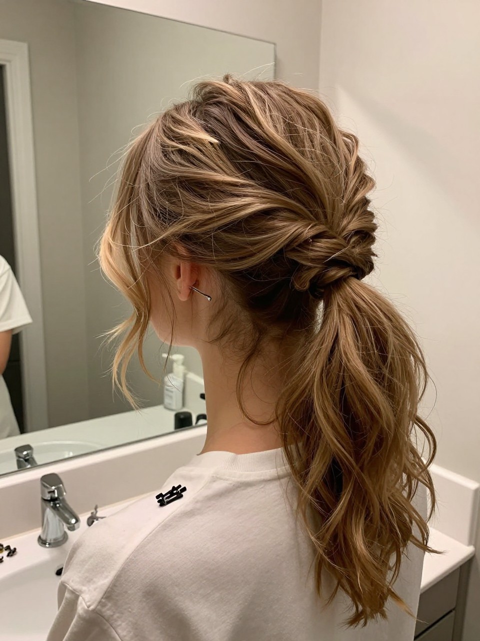 Photo of a white woman wearing a twisted half-up hairstyle with hidden pins and loose waves down, back-of-head view, setting in a bathroom vanity mirror, lighting soft indoor lighting, containing a small lived-in detail such as bobby pins on the counter and a hair clip clipped to the collar, latest iPhone photo quality.