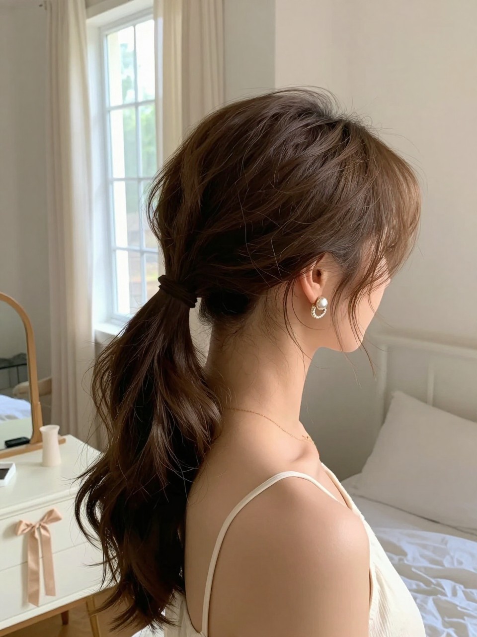 Photo of a woman wearing a romantic low ponytail with soft waves, side profile view, setting in a sun-drenched bedroom, lighting natural window light, containing a small lived-in detail such as a ribbon on the vanity and statement earrings peeking through, latest iPhone photo quality.