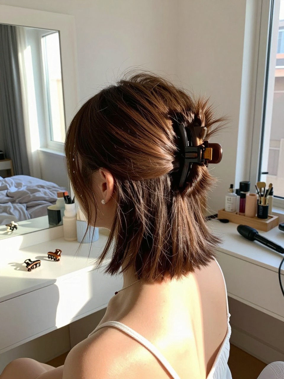 Photo of a woman wearing a half-up claw clip twist on a short lob, back-of-head view to show clip detail, setting in a sun-drenched bedroom, lighting natural window light, containing a small lived-in detail such as a claw clip on the vanity and a curling iron on the counter, latest iPhone photo quality.