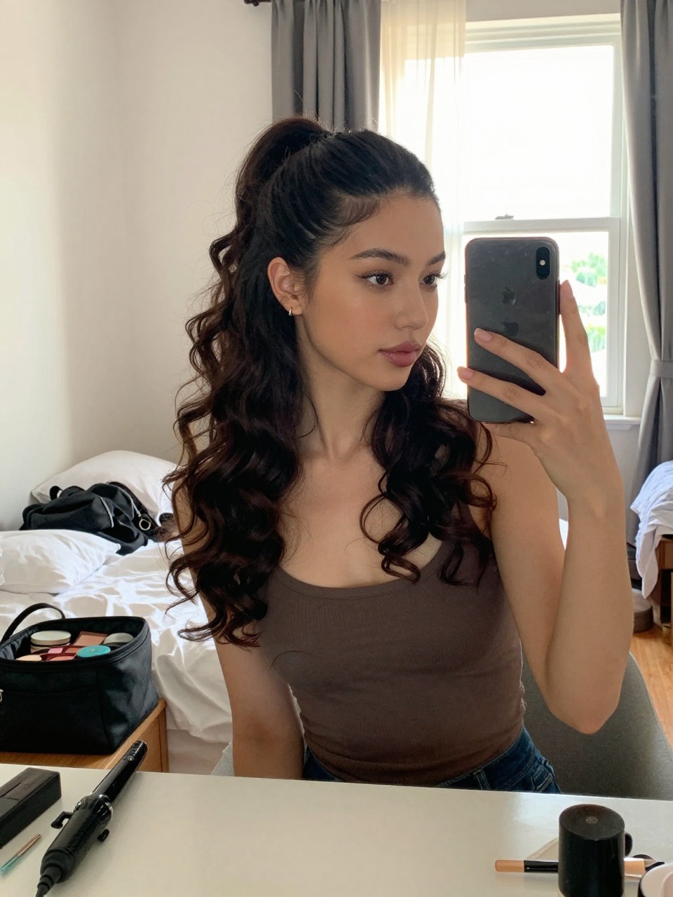 Photo of a woman wearing a sleek half-up ponytail with big soft curls down, candid mirror selfie, setting in a sun-drenched bedroom, lighting natural window light, containing a small lived-in detail such as a curling iron on the counter and a makeup bag nearby, latest iPhone photo quality.