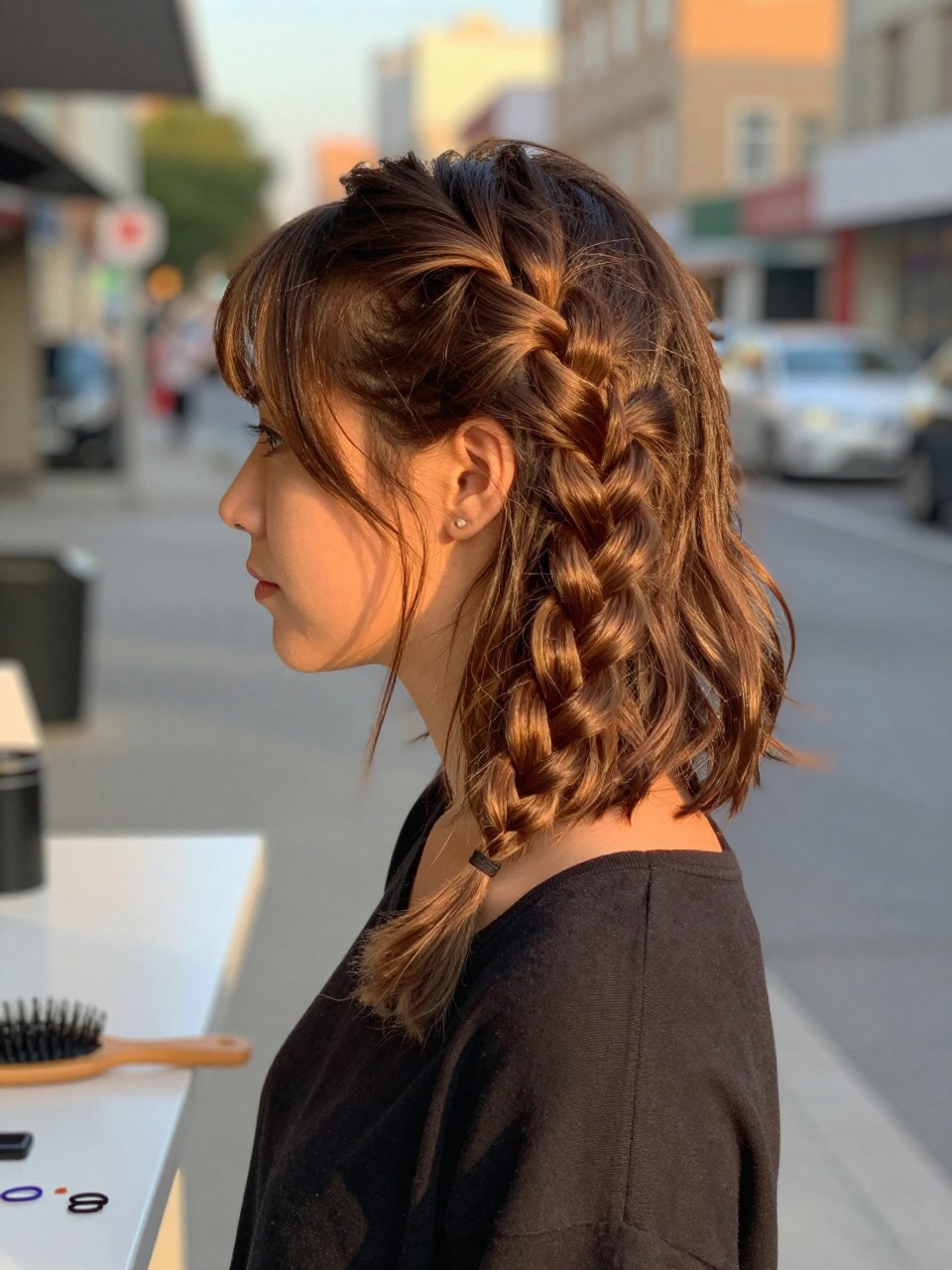 Photo of a BRUNNETTE woman wearing a loose side braid on a short lob, side profile view, setting in a softly blurred city street background, lighting golden hour glow, containing a small lived-in detail such as mini elastics on the counter and a hairbrush nearby, latest iPhone photo quality.
