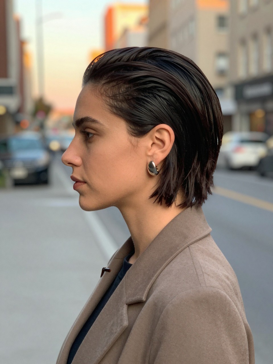 Photo of a woman wearing a slick back bob with one-side ear tuck and visible statement earrings, side profile view, setting in a softly blurred city street background, lighting golden hour glow, containing a small lived-in detail such as a hair clip clipped to the collar, latest iPhone photo quality.