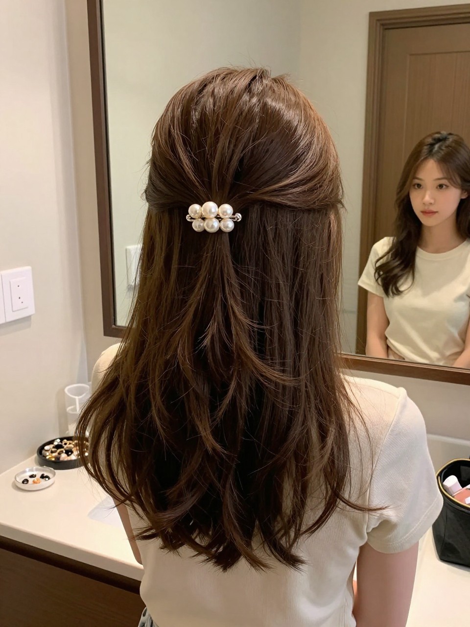 Photo of a woman wearing a half-up style with a pearl barrette on medium-length hair, back-of-head view to show the clip, setting in a bathroom vanity mirror, lighting soft indoor lighting, containing a small lived-in detail such as a jewelry dish on the counter and a makeup bag nearby, latest iPhone photo quality.