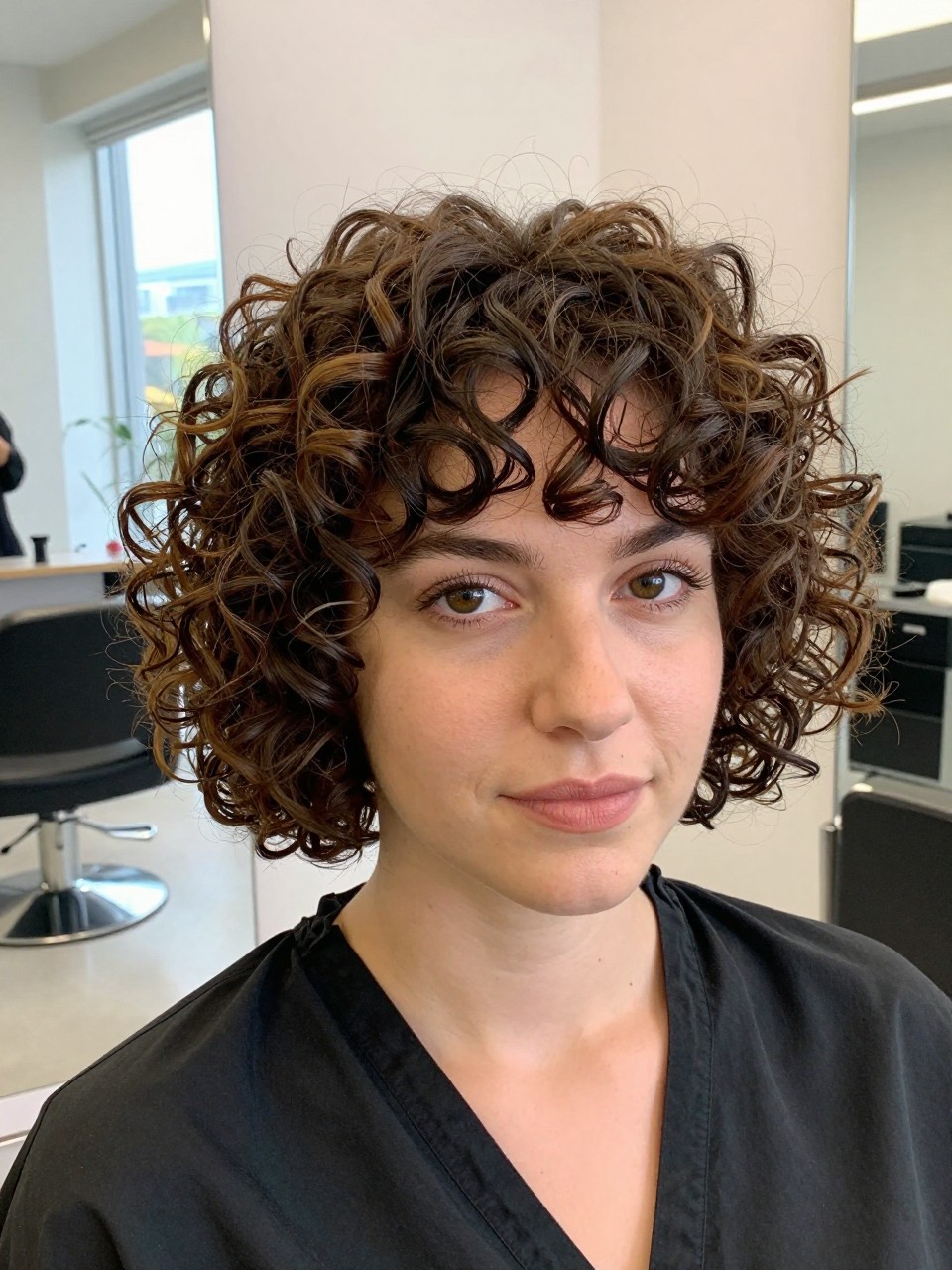 Photo of a white american woman wearing a short curly volume bob with lifted shaping at the crown and defined curls, with the haircut fully visible and clearly defined, shot from a front portrait view, in a bright salon interior, with natural window light, showing the haircut shape, layers, ends, bangs, and texture clearly, including the salon chair edge, latest iPhone photo quality.