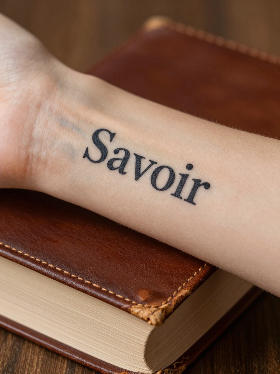 "Macro photograph of 'Savoir' in intelligent, serif font on the inner forearm. The arm rests on the aged leather cover of a thick, well-read book. Wise and knowing aesthetic."