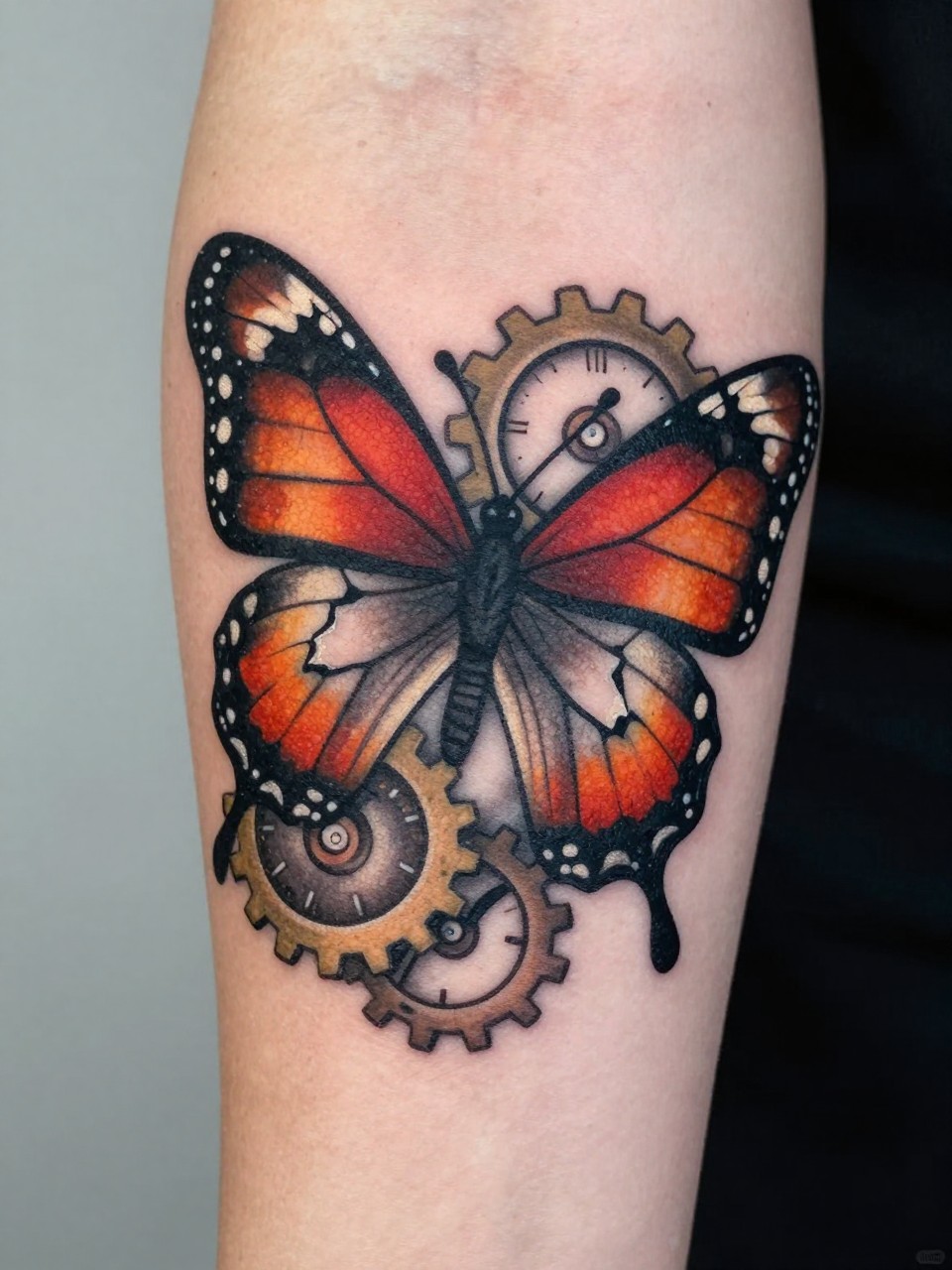 "Close-up of an inner forearm piece: a neo-traditional butterfly with rich colors and bold outlines, intertwined with broken clock gears. Decorative and symbolic."