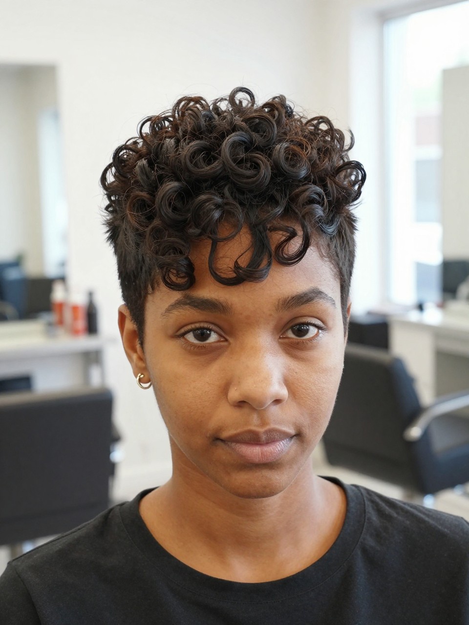 Photo of a biracial woman wearing an ultra short coily crown pixie with tapered sides and fuller defined coils on top, with the haircut fully visible and clearly defined, shot from a front portrait view, in a bright salon interior, with natural window light, showing the haircut shape, layers, ends, bangs, and texture clearly, including simple gold earrings, latest iPhone photo quality.