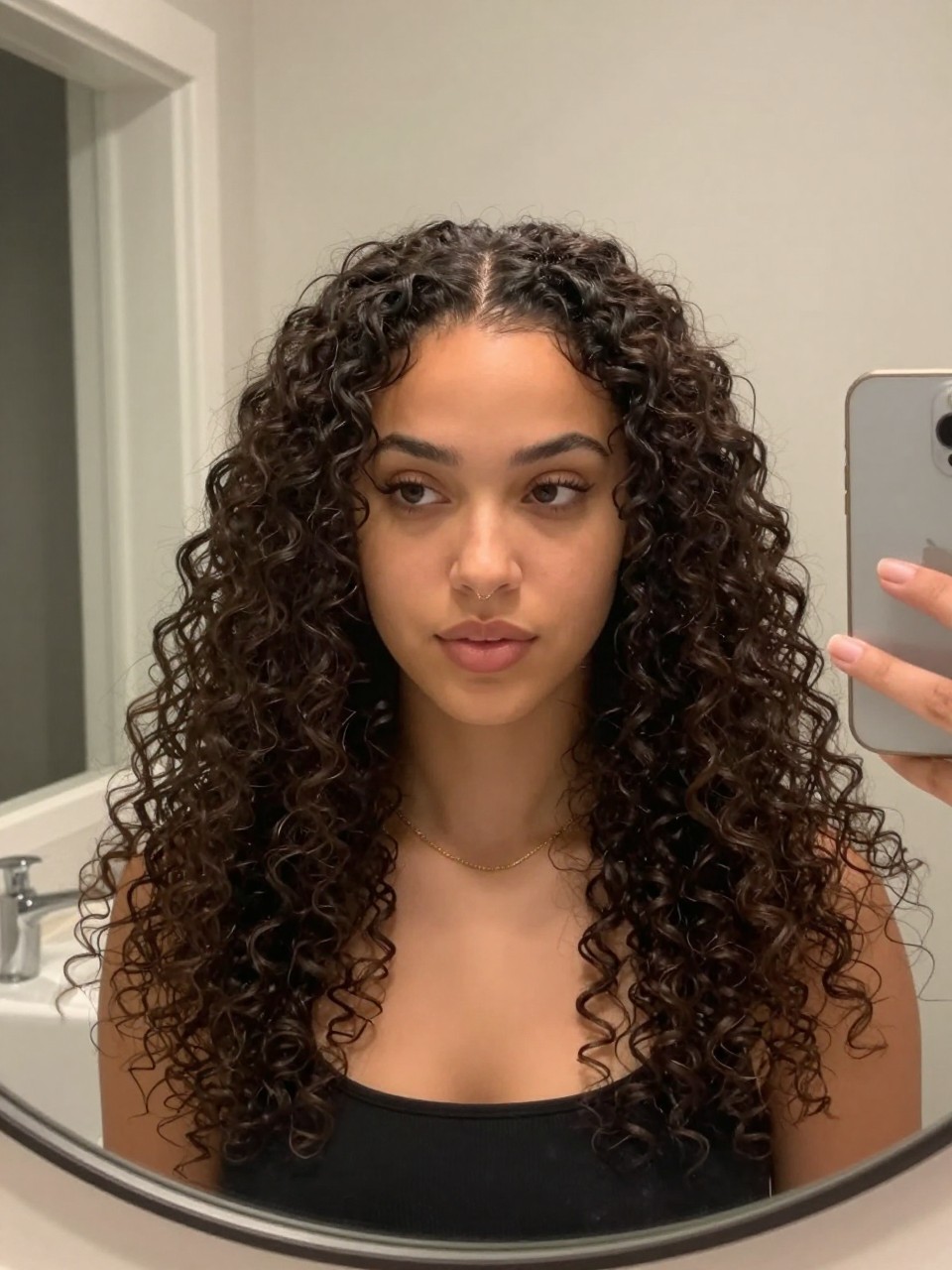 Photo of a woman wearing a curly twist-out for maximum definition, front-facing view showing defined, uniform curls, setting is a bathroom vanity mirror with soft indoor lighting, containing a simple gold necklace visible, iPhone photo quality.