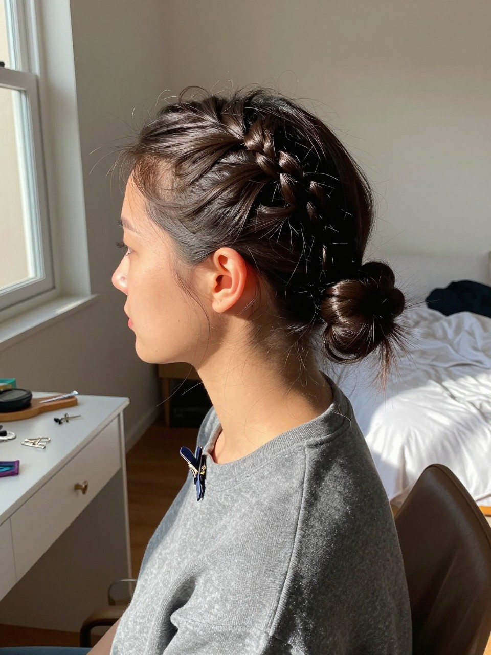 Photo of a woman wearing a deep side part with two flat twists pinned back, side profile view, setting in a sun-drenched bedroom, lighting natural window light, containing a small lived-in detail such as bobby pins on the vanity and a hair clip clipped to the collar, latest iPhone photo quality.