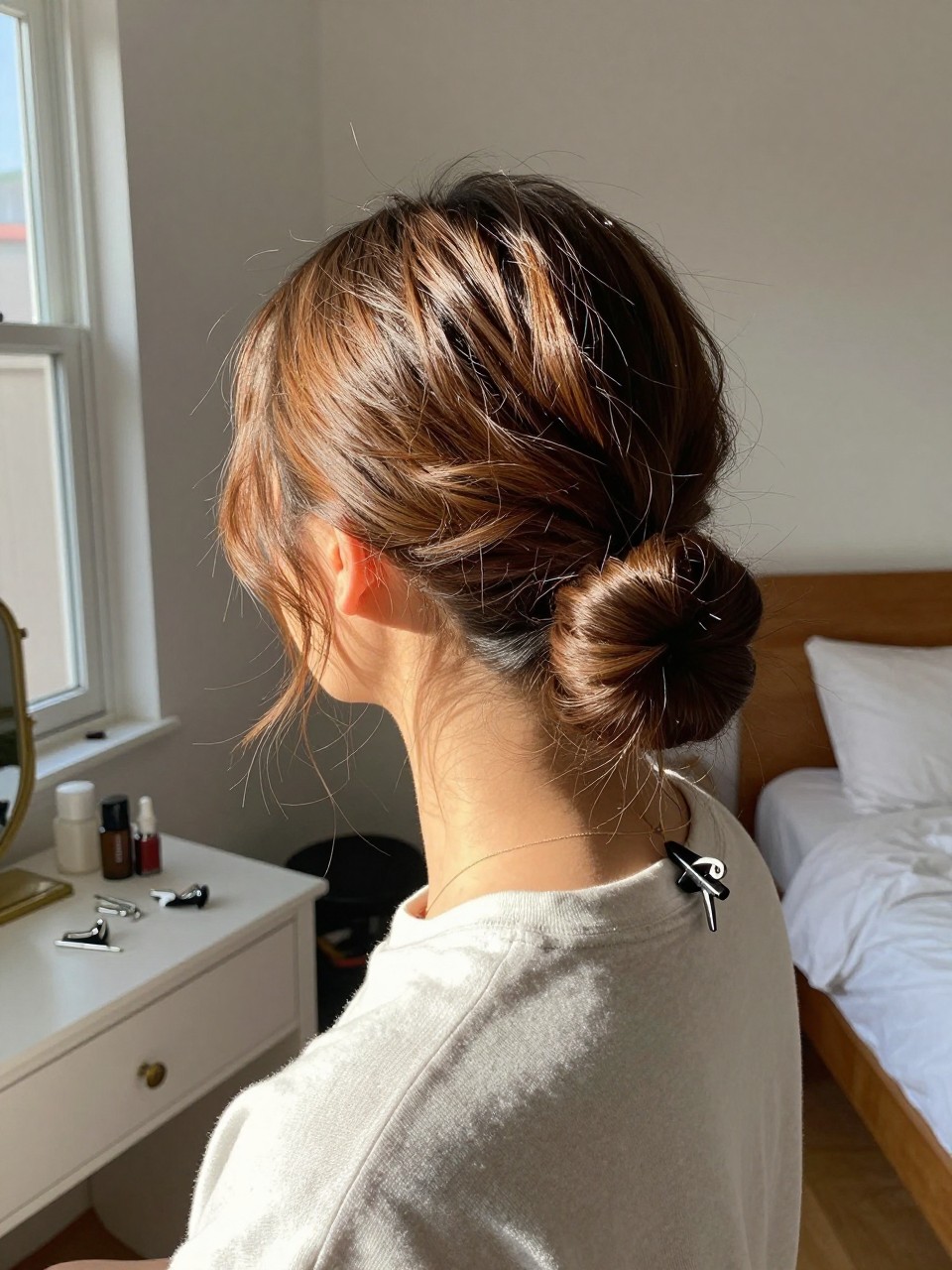 Photo of a woman wearing a low twisted bun with a side part on medium-length hair, back-of-head view, setting in a sun-drenched bedroom, lighting natural window light, containing a small lived-in detail such as bobby pins on the vanity and a hair clip clipped to the collar, latest iPhone photo quality.