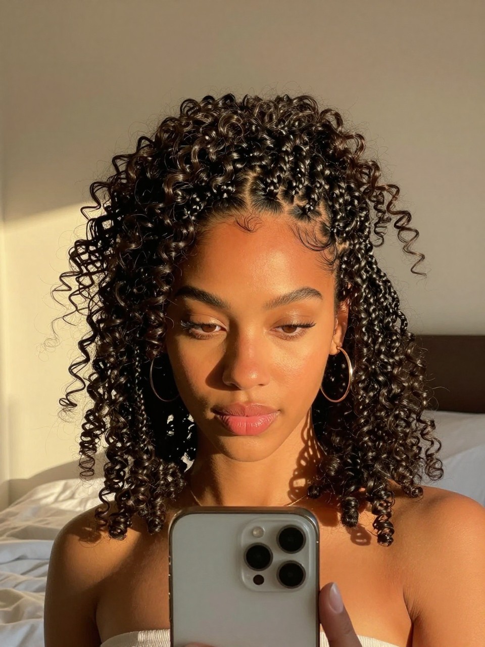 Photo of a woman wearing a Curly Braided Crown, front-of-head view showing full hair, setting is a sun-drenched bedroom with golden hour light, containing a pair of hoop earrings visible, iPhone photo quality.