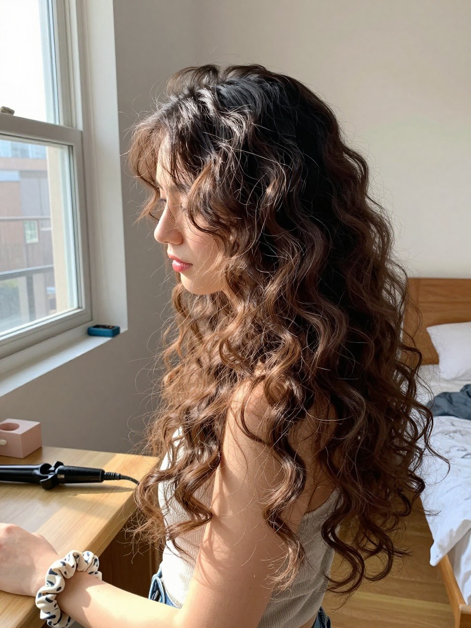 Photo of a woman wearing soft romantic curls with a side part on long hair, side profile view, setting in a sun-drenched bedroom, lighting natural window light, containing a small lived-in detail such as a curling iron on the counter and a scrunchie on the wrist, latest iPhone photo quality.