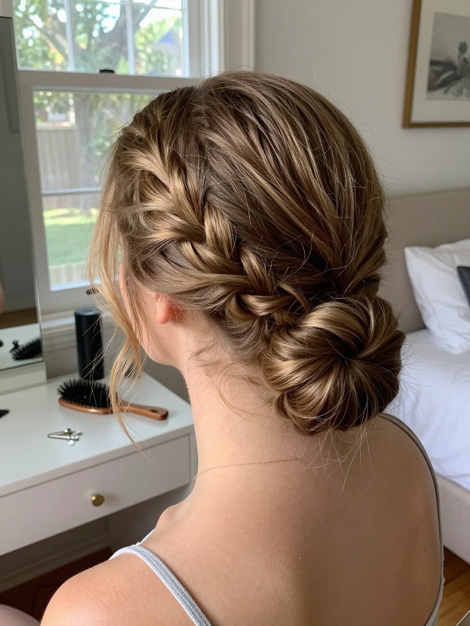 Photo of a white woman wearing a braided low bun with a clean finish on long hair, back-of-head view, setting in a sun-drenched bedroom, lighting natural window light, containing a small lived-in detail such as bobby pins on the vanity and a hairbrush nearby, latest iPhone photo quality.