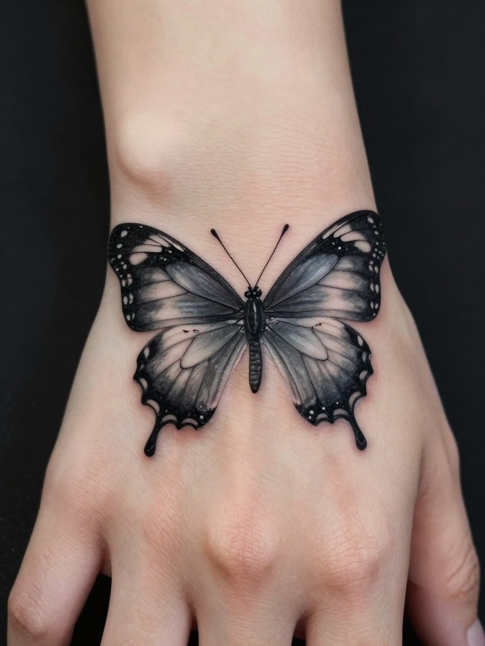  "Extreme close-up of a hyper-realistic butterfly tattoo on the hand, with a perfectly rendered soft grey shadow falling on the skin beside it. Studio lighting highlights the 3D illusion."