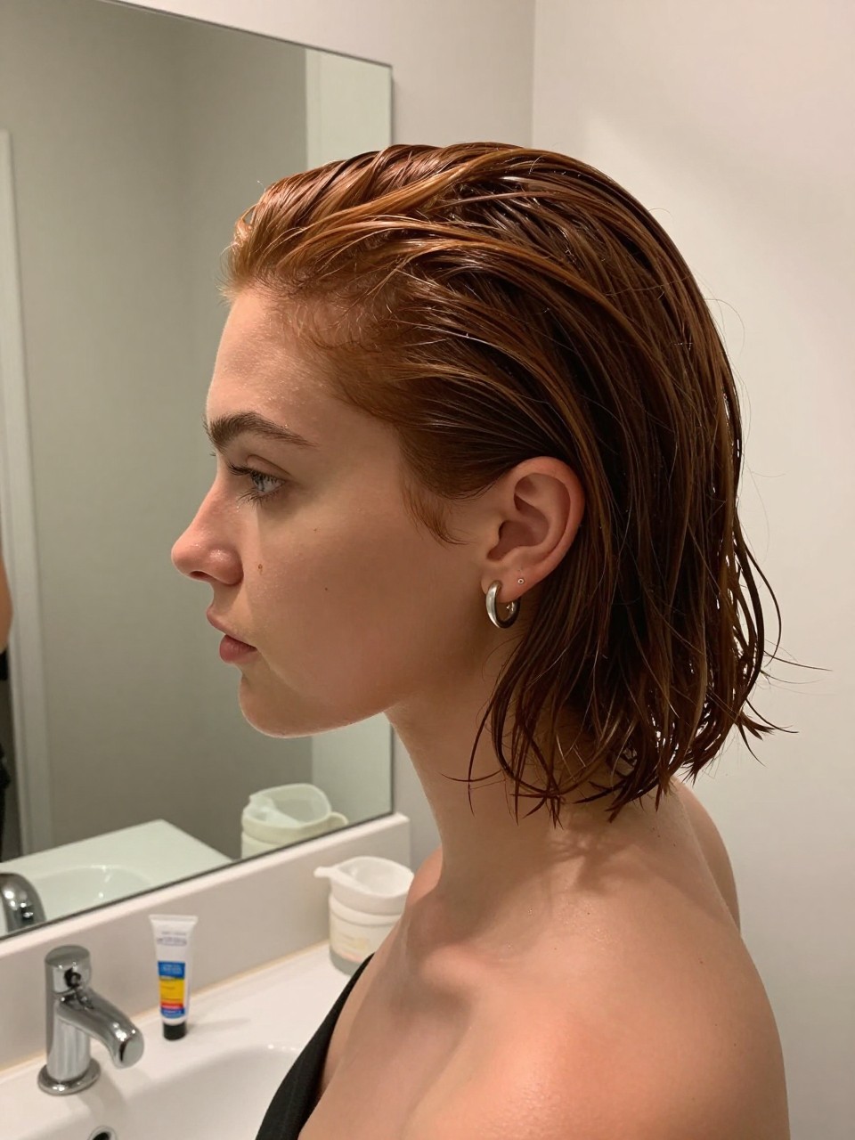 Photo of a GINGER woman wearing a wet-look slick tucked short bob combed back, side profile view, setting in a bathroom vanity mirror, lighting soft indoor lighting, containing a small lived-in detail such as a small gel tube on the counter and statement earrings peeking through, latest iPhone photo quality.