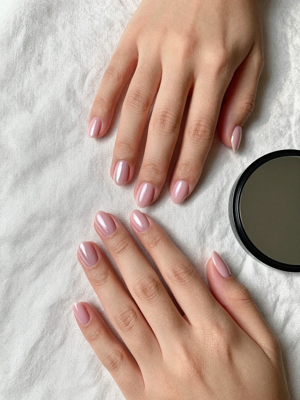 90-degree overhead top-down view of two feminine black hands with oval medium nails.
The manicure features a full soft pink chrome base with a mirror-like reflective finish across all nails.
Include smooth glossy gel finish.

Hands are posed one hand placed over the other.

Scene set on a soft linen cloth with a small compact mirror nearby.

Bright natural daylight with soft shadows, hyper-realistic lifestyle photography, sharp focus on nails, natural skin texture, realistic hands, no extra fingers.