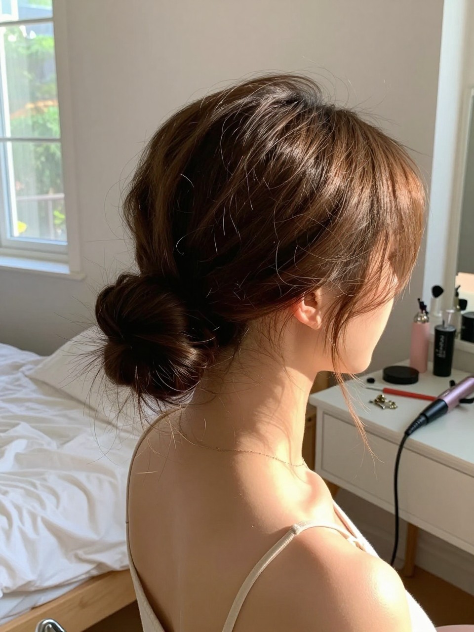 Photo of a woman wearing a romantic low bun with soft face-framing pieces, side profile view, setting in a sun-drenched bedroom, lighting natural window light, containing a small lived-in detail such as bobby pins on the vanity and a curling iron on the counter, latest iPhone photo quality.