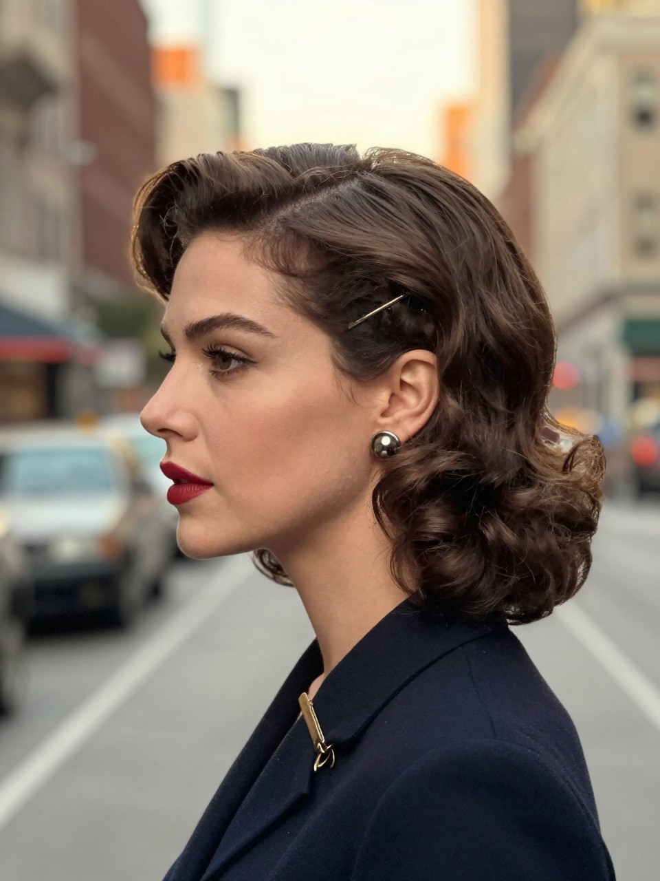 Photo of a woman wearing classic Hollywood waves with a deep side part, side profile view, setting in a softly blurred city street background, lighting golden hour glow, containing a small lived-in detail such as statement earrings peeking through and a hair clip clipped to the collar, latest iPhone photo quality.