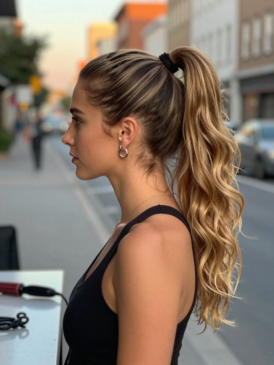 Photo of a white woman wearing a sleek high ponytail with curled ends on long hair, side profile view, setting in a softly blurred city street background, lighting golden hour glow, containing a small lived-in detail such as a curling iron on the counter and statement earrings peeking through, latest iPhone photo quality.