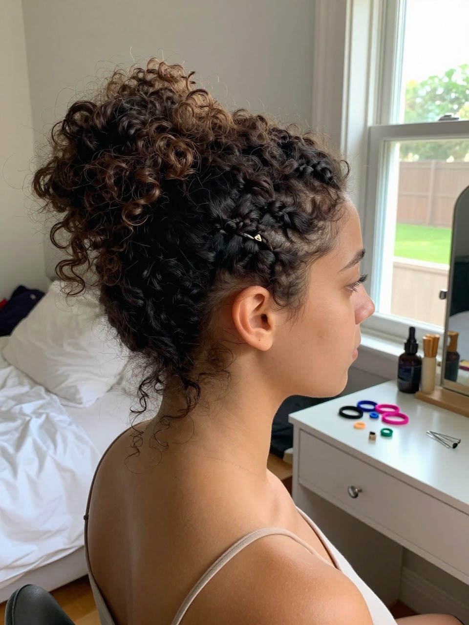 Photo of a woman wearing a curly bun with a small braided front accent, side profile view, setting in a sun-drenched bedroom, lighting natural window light, containing a small lived-in detail such as mini elastics on the vanity and bobby pins nearby, latest iPhone photo quality.