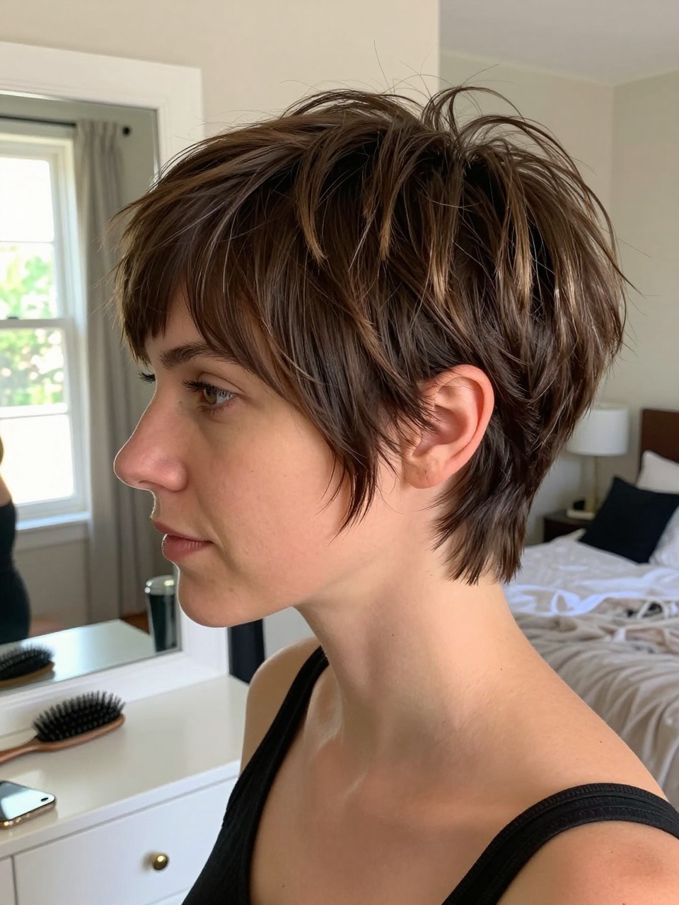 Photo of a white woman wearing an ultra short feathered pixie with airy top layers and softly textured front pieces, with the haircut fully visible and clearly defined, shot from a three-quarter angle, in a sunlit bedroom mirror, with natural window light, showing the haircut shape, layers, ends, bangs, and texture clearly, including a hairbrush on the vanity, latest iPhone photo quality.