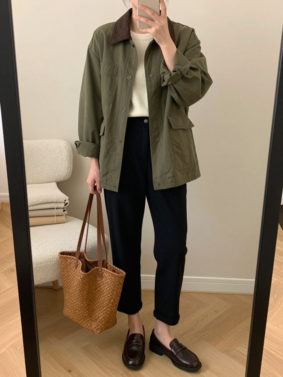 mirror selfie of a woman wearing the exact outfit described above, clearly showing an olive barn-style cotton jacket, black cropped tailored trousers, a cream crew-neck knit top, dark brown leather loafers, and a woven tan tote bag, holding a phone in front of a mirror, cropped at NECK so the face does not show, with a relaxed casual selfie pose, in a cozy bedroom mirror setup, soft indoor lighting, including folded blanket on a chair and tote bag resting on the floor, latest iPhone photo quality. (no watermarks on images)