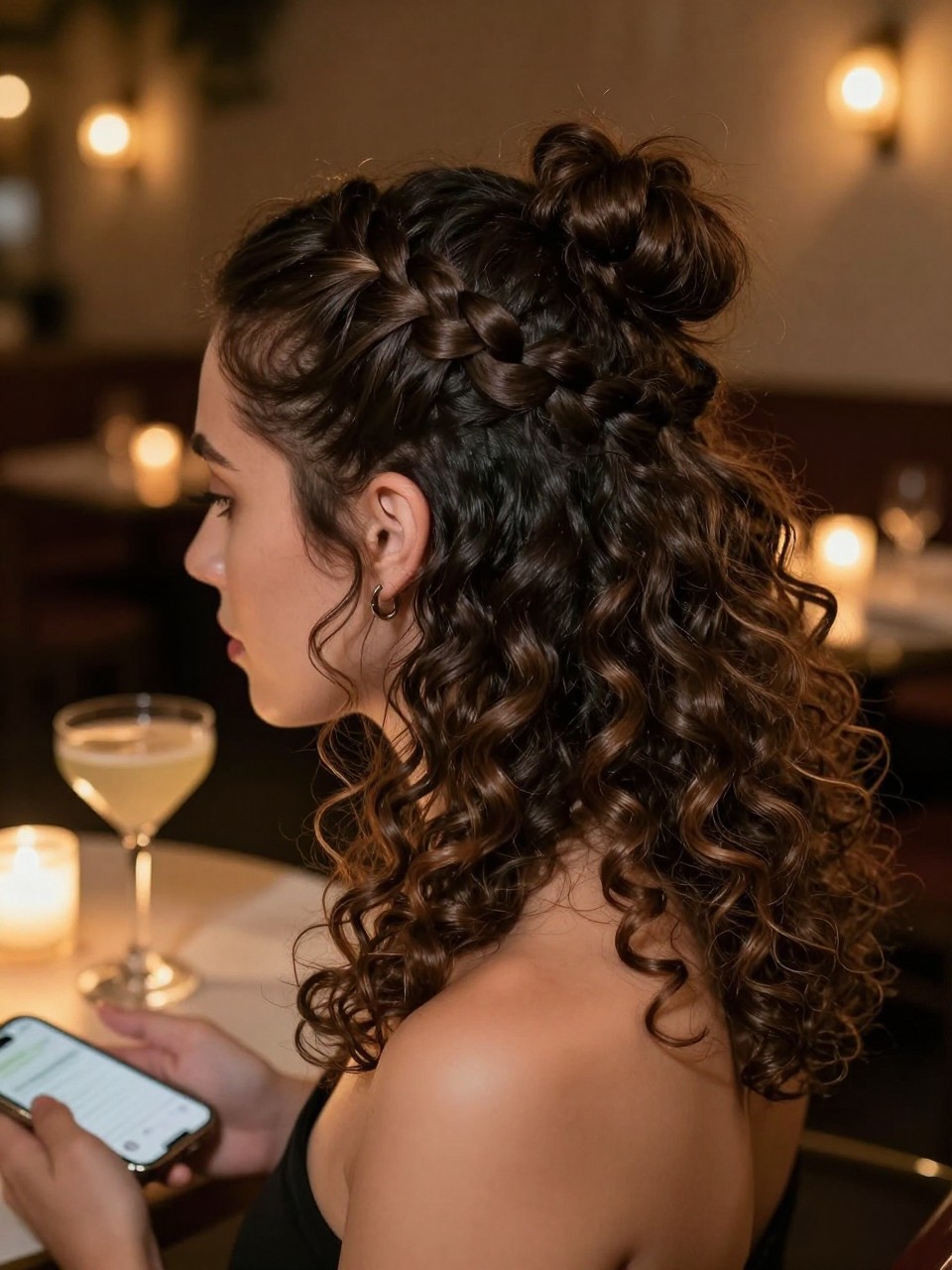 Photo of a woman wearing a braided bun on top with loose curls below, side profile view, setting is a restaurant with warm lighting, lighting is soft candlelight, containing a cocktail glass, iPhone photo quality.