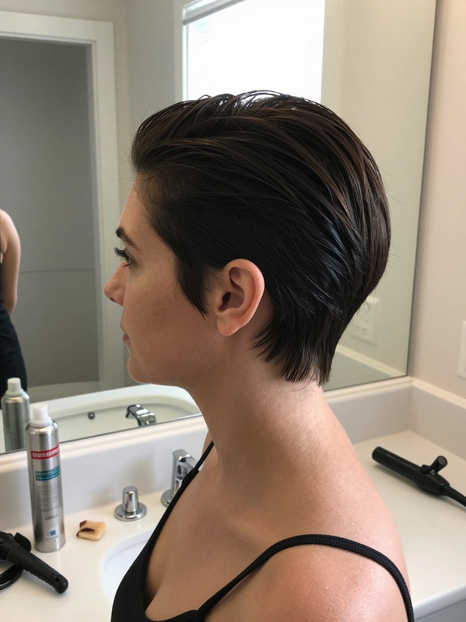 Photo of a woman wearing a slick back pixie with soft volume on top and sleek sides, side profile view, setting in a bathroom vanity mirror, lighting natural window light, containing a small lived-in detail such as a styling mousse can on the counter and a curling iron nearby, latest iPhone photo quality.