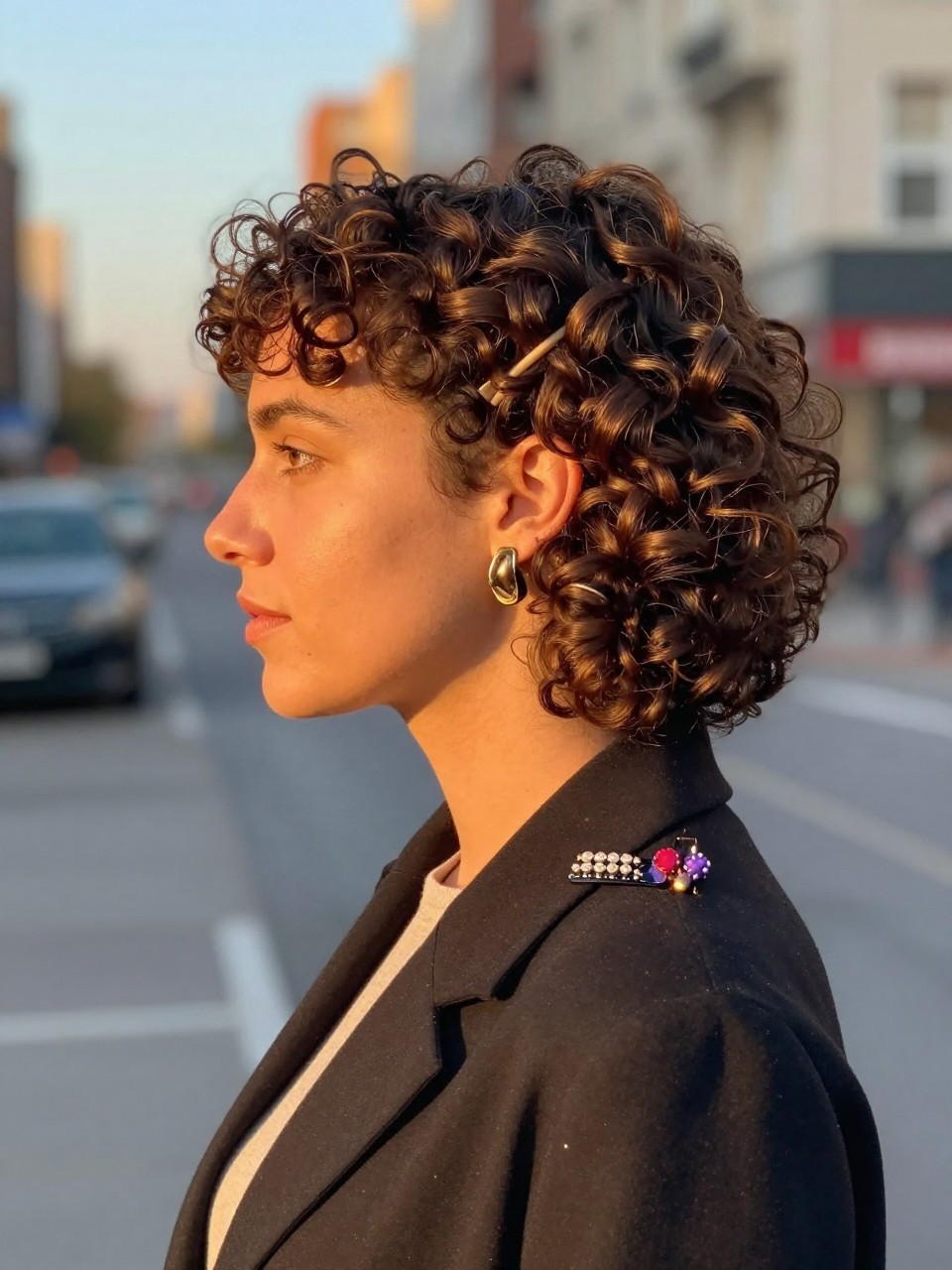 Photo of a woman wearing side-swept curls with one side pinned back, side profile view, setting in a softly blurred city street background, lighting golden hour glow, containing a small lived-in detail such as a decorative hair clip clipped to the collar and statement earrings peeking through, latest iPhone photo quality.