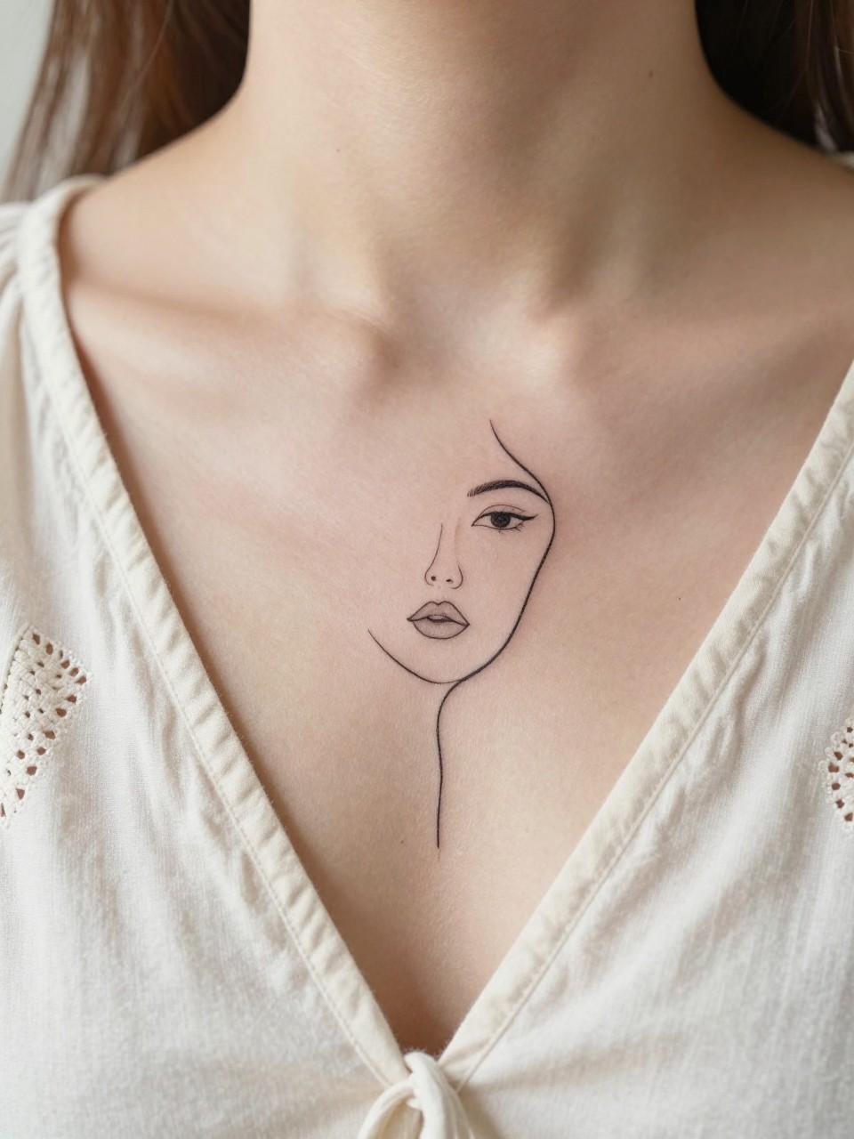"Extreme close-up of a single-line abstract female face tattoo on the upper middle chest. The continuous line is crisp against the skin. She is wearing a soft, cream-colored boho blouse with delicate embroidery. Bright, natural light, clean and contemporary vibe."