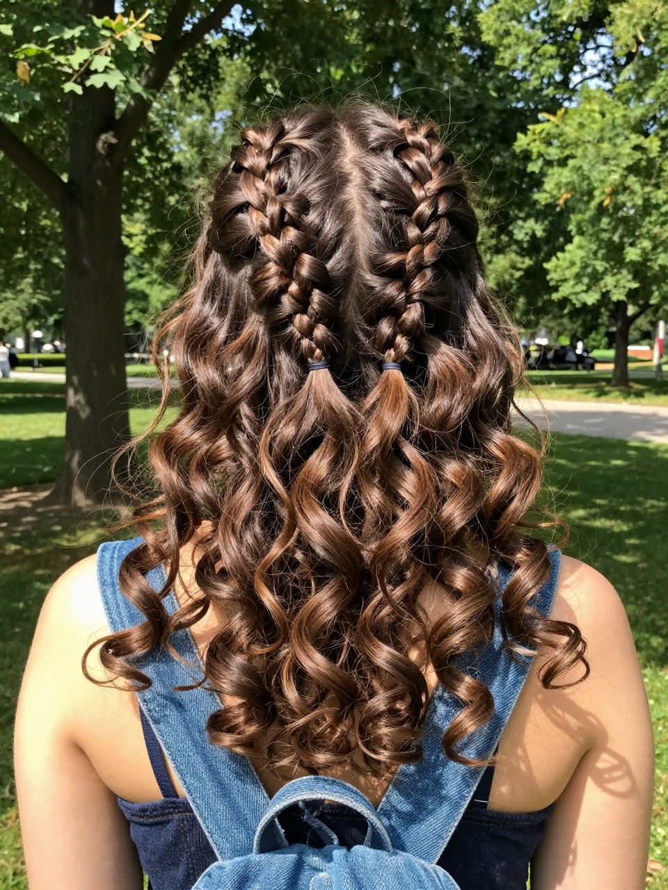 Photo of a woman wearing double Dutch braids on top with loose curls below, back-of-head view, setting is a park with trees, lighting is bright daylight, containing a denim backpack strap, iPhone photo quality.