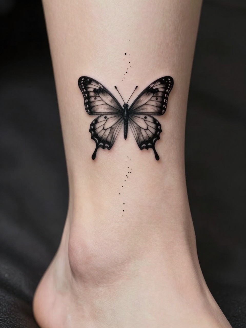 "Macro shot of an ankle and lower calf: a detailed butterfly tattoo in  black ink sits on the wrist bone, with a faint trail of stardust dots floating up the calf. Elegant and lengthening."