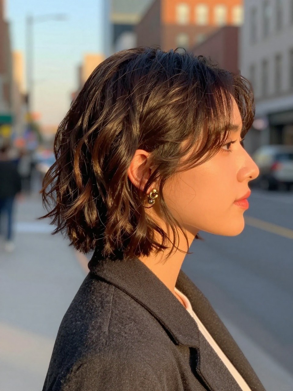 Photo of a woman wearing soft Hollywood waves on a short bob with a deep side part, side profile view, setting in a softly blurred city street background, lighting golden hour glow, containing a small lived-in detail such as a hair clip clipped to the collar and statement earrings peeking through, latest iPhone photo quality.
