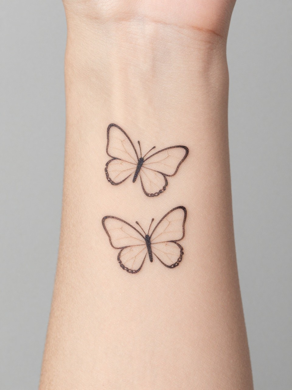 "Macro photograph of the outer forearm, with two minimalist butterfly outlines, one ahead of the other. Ample negative space around them. Clean lines, simple, and profoundly elegant."