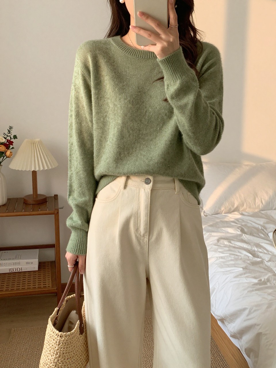 iPhone mirror selfie of a woman in a sage green sweater tucked into soft cream wide leg pants with pearl earrings, holding a woven bag, relaxed lean, cropped at NECK so face doesn't show, in a cozy feminine-themed bedroom, evening golden hour, iPhone photo quality.