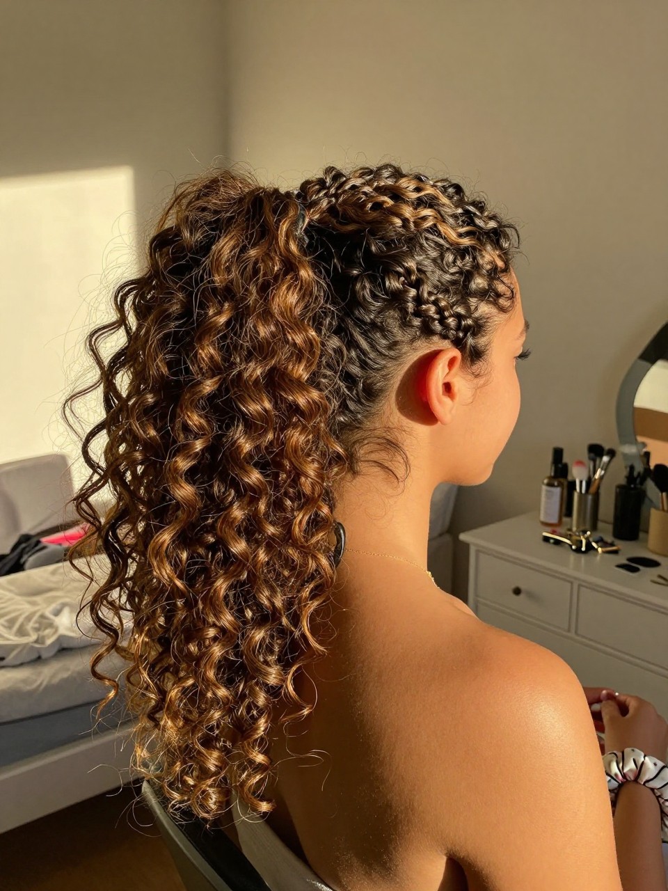 Photo of a woman wearing a curly ponytail with twisted side sections, back-of-head view, setting in a sun-drenched bedroom, lighting golden hour glow, containing a small lived-in detail such as bobby pins on the vanity and a scrunchie on the wrist, latest iPhone photo quality.