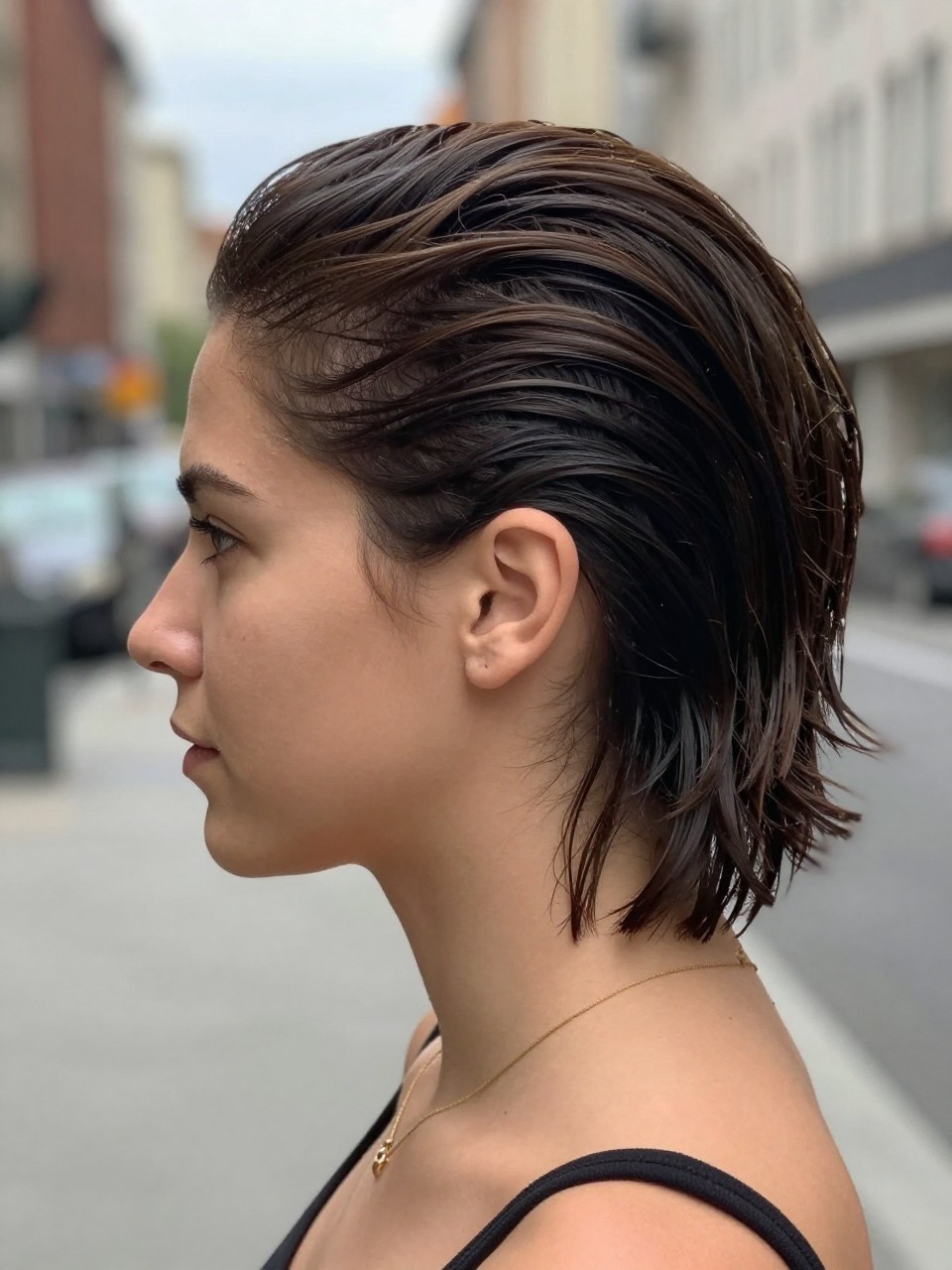 Photo of a woman wearing a sculptural slick back, side profile view showing defined waves sculpted against the head, setting is a blurred city street background with soft overcast light, containing a simple gold necklace visible, iPhone photo quality.