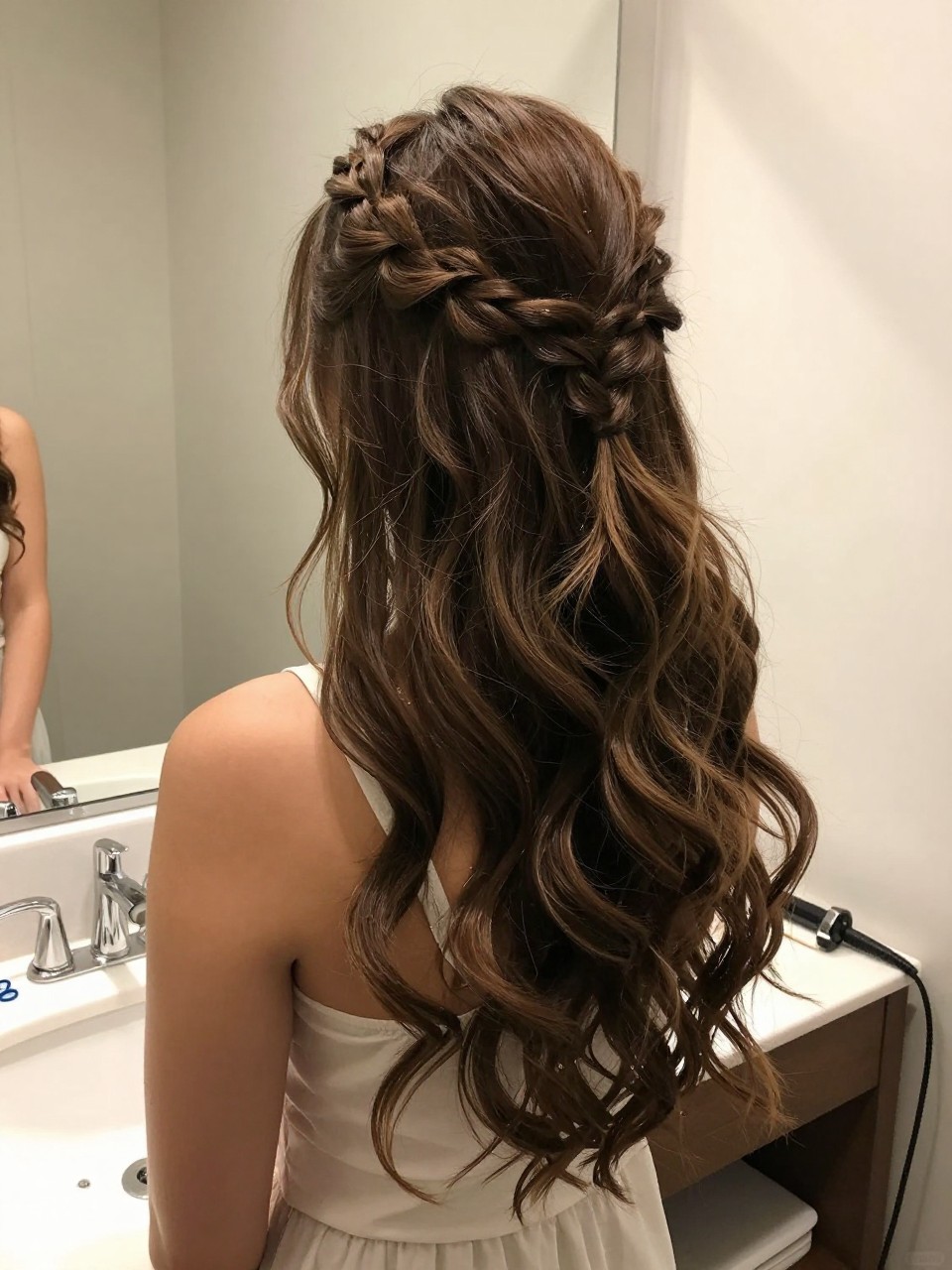 Photo of a woman wearing an elegant waterfall braid with loose waves down, back-of-head view to show braid detail, setting in a bathroom vanity mirror, lighting soft indoor lighting, containing a small lived-in detail such as mini elastics on the counter and a curling iron on the counter, latest iPhone photo quality.