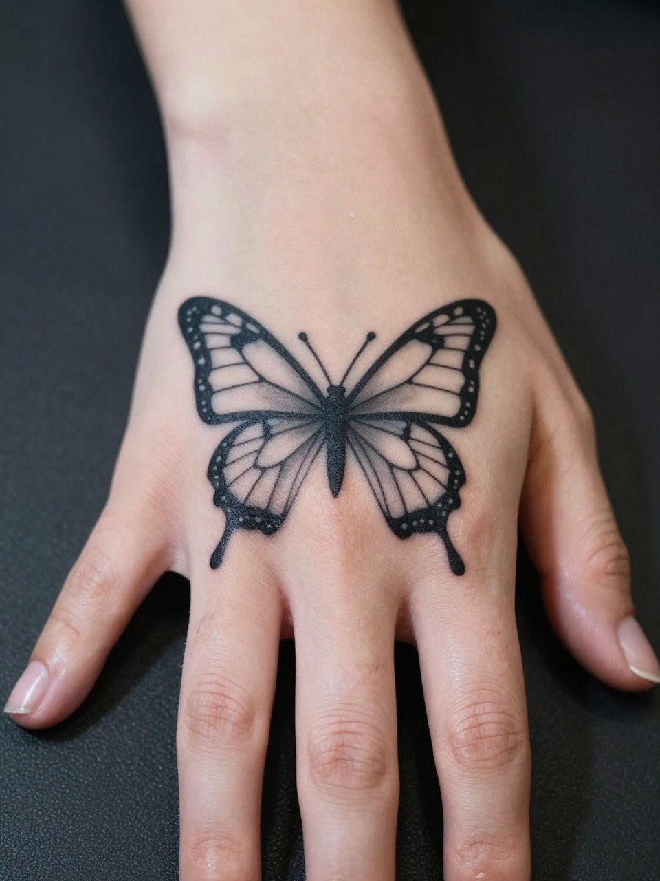 "Close-up of a hand with fingers slightly spread, showing a geometric butterfly tattoo where one half is on the forefinger and the other on the middle finger. Focus on the negative space and alignment."