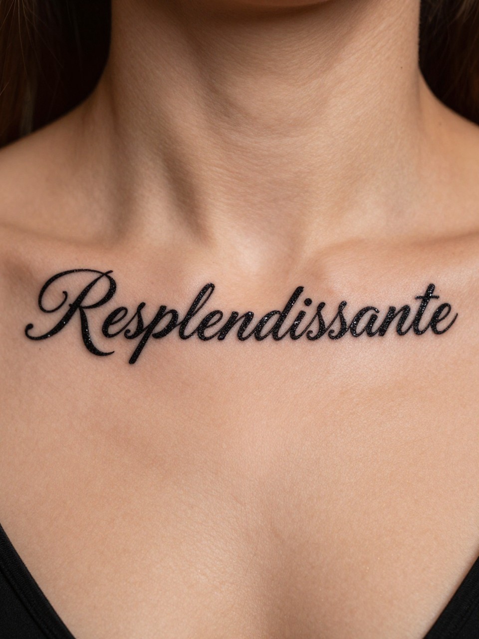 "Extreme close-up of 'Resplendissante' in black, sparkling script on the collarbone. The skin is dusted with a hint of gold shimmer. Glamorous and radiant lighting."